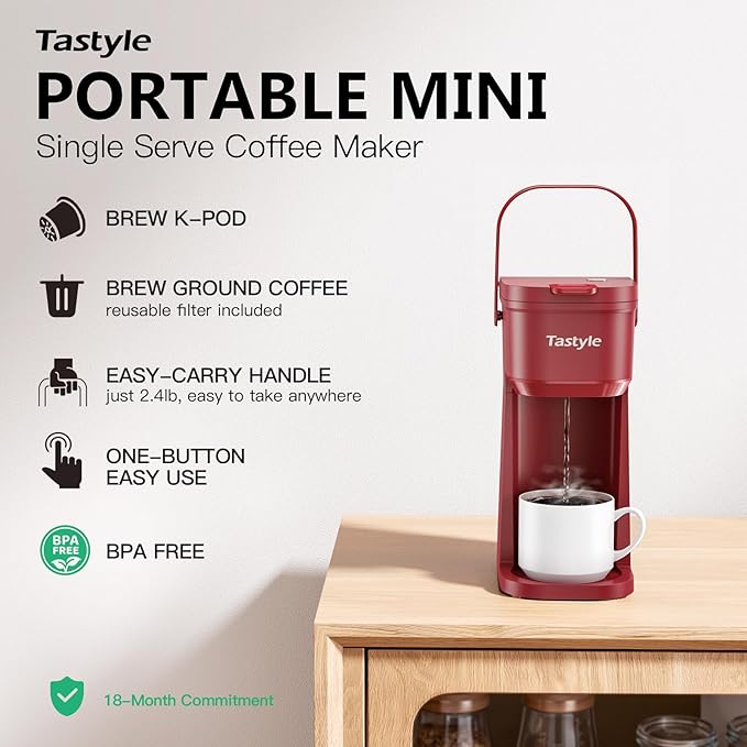 Single Serve One Cup Coffee Maker for K Cups and Grounds Mini Coffee Maker with Portable Handle 6 to 12 Oz Brew Size for Travel Camping Office RV and Dorm 120V Vintage Red