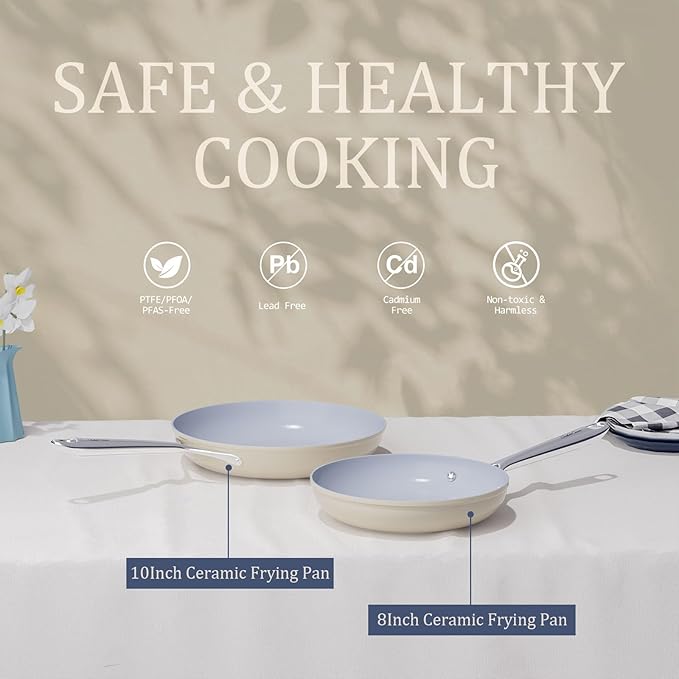 Nonstick Ceramic Cookware Set- 4.5qt Dutch Oven &amp 10 Frying Pan PFAS/PFOA/PTFE-Free All Cooktops Compatible Oven Safe to 500°F Even Heat Distribution (Cream)