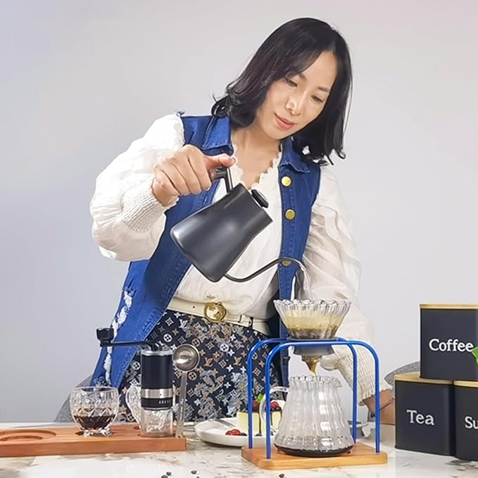 SOTECH Pour on coffee drips filter Wooden stand Glass sharing pot with paper filter coffee tea and saffron set (blove)