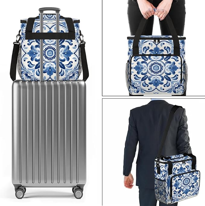 Blue Flower Design Coffee Maker Travel Bag for Keurig K-Mini/K-Mini Plus Insulated Waterproof Tote with Pockets for K-Cup Portable Single-Serve Brewer Case