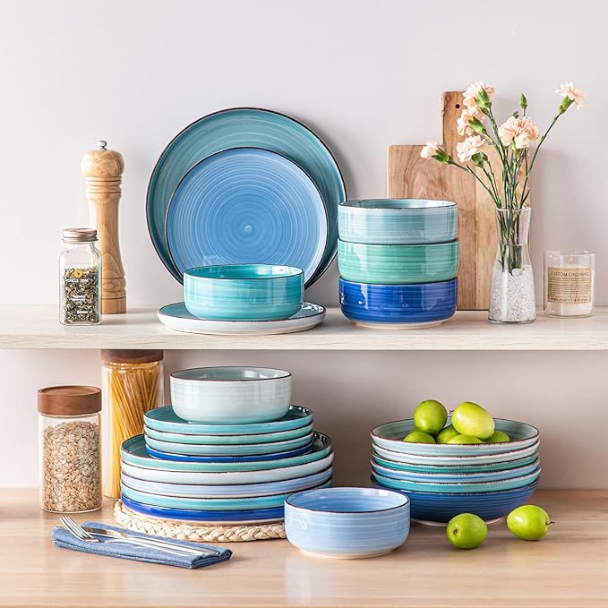 vancasso Bonita Dinnerware Sets 24 Pieces Blue Stoneware Dishes Set for 6 Dinner Platers with Bowls Set Dishwasher and Microwave Safe