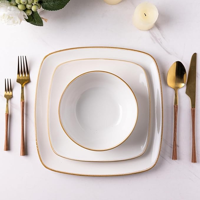 AmorArc Ceramic Dinnerware Sets for 4 12 Pieces Square Handpainted Plates and Bowls Set Chip and Scratch Resistant Stoneware Dishes Set Dishwasher &amp Microwave Safe Pearl White