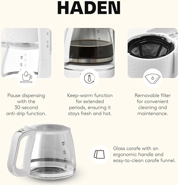 HADEN Starbeck Coffee Machine 10 Cup Automatic Drip Coffee Maker with Anti-Drip Function and Reusable Washable Water Filter White &amp Chrome
