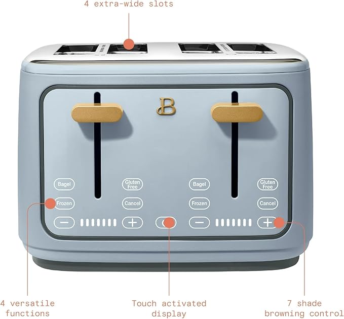 4 Slot Toaster with Touch Control Panel 1800W Fast Heating 7 Toast Shade Levels Extra Wide Slots for Bagels Removable Crumb Tray (Cornflower Blue)