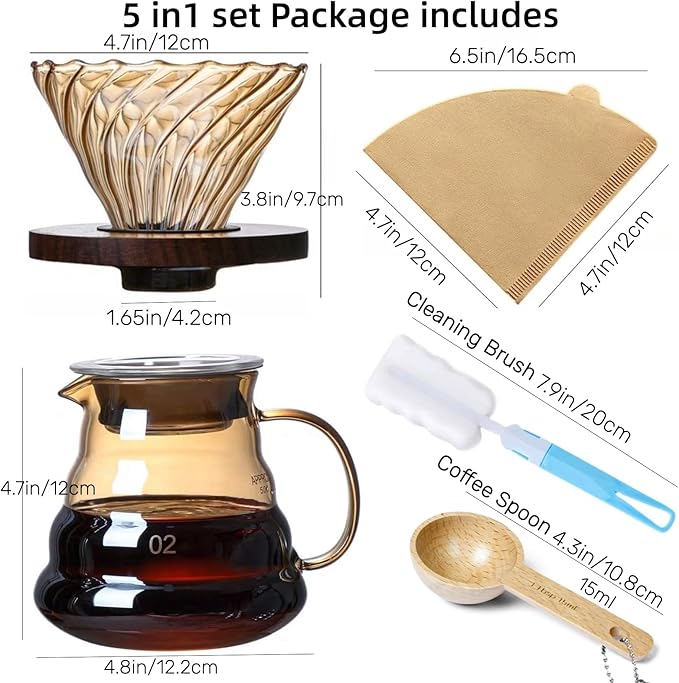 Pour Over Coffee Maker Set 20 oz 600 ml Borosilicate Glass Coffee Server with Glass Lid 50 pcs Paper Filter Walnut Handle Pour Over Coffee Dripper for Home Café Restaurant Gold