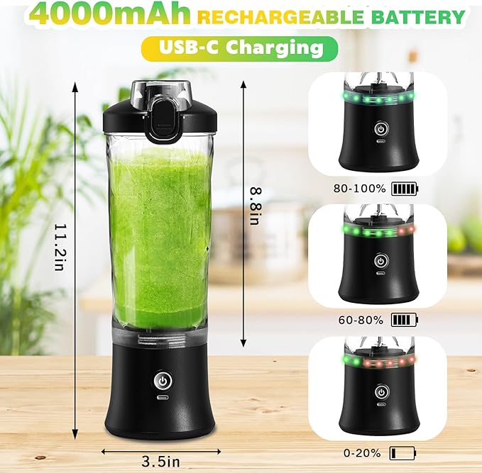 Portable Blender with Insulated Carrying Case &amp Recipe Book for Shakes and Smoothies 20 OZ Personal Juicer Electric Protein Shaker Bottle Mini Small Blender Cup with USB-C Rechargeable Travel L