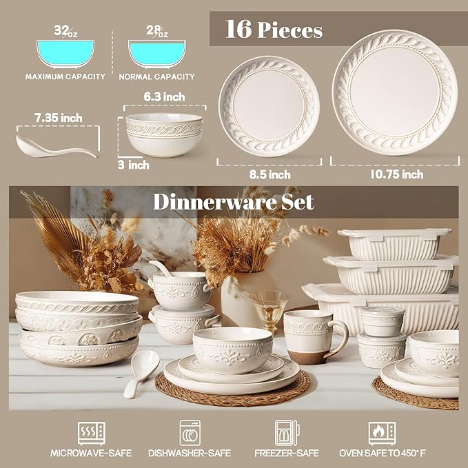 Artena Plates And Bowls Sets 16 Pieces Dinnerware Sets Dish Set For 4 Ceramic Kitchen Bowl And Plate Set Embossed White Dishware Sets Dishwasher &amp Microwave Safe (Willow Leaf)