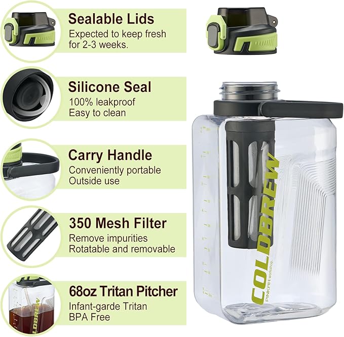 Cold Brew Coffee Maker 68oz Iced Coffee Tritan Pitcher with Filter 2 Pour Spout Lids For Airtight &amp Leak-Proof Coffee Barrel(Black)
