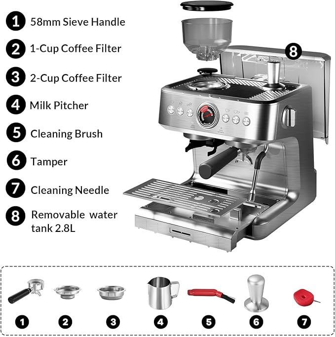 GarveeLife Espresso Coffee Machine Built-in Coffee Grinder 15 Precise Grind 20 Bar Professional Coffee Maker with Steam Wand for Home Cappuccino or Latte 2.8L Water Tank for Easy Refill