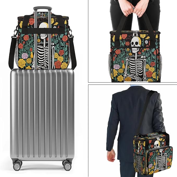 Skeleton Flowers Rose Coffee Maker Carring Bag Travel Carrying Storage Tote Bag Compatible Portable Single Serve Coffee Brewer Case with Pockets for K-cup Pods