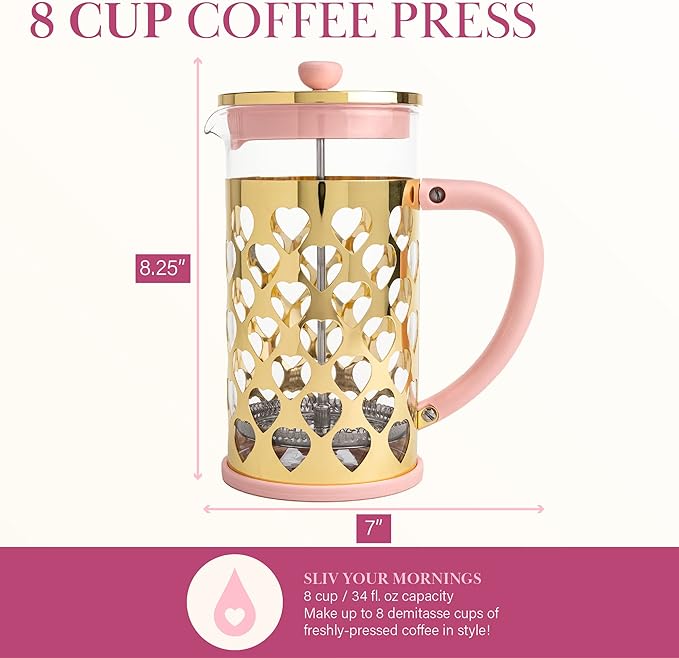 Paris Hilton French Press Coffee Maker With Heart Shaped Measuring Scoop 2-Piece Set 8-Cup or 34-Ounce Pink