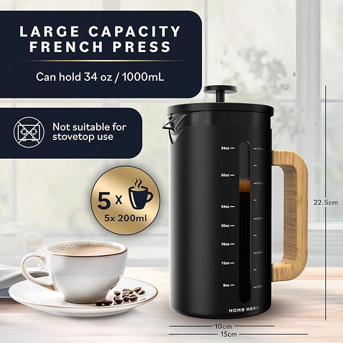 Home Hero French Press Coffee Maker - 34 oz Coffee Press with Bamboo Wood Handle Heat Resistant Thick Borosilicate Glass French Presses 4 Layer Filter French Press Stainless Steel (Black)