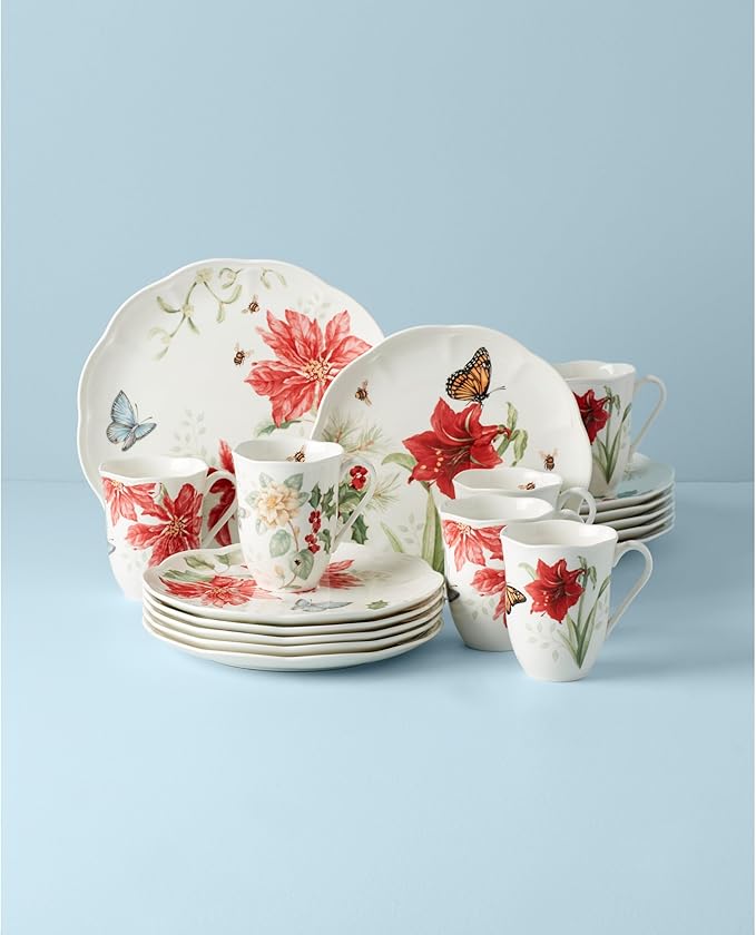 Lenox Dinnerware Set Butterfly Meadow Holiday 18-Piece Set Service For 6 Porcelain Christmas Dinnerware Sets Holiday Hosting Dishwasher Safe Plates and Mugs Sets (18 Pieces Assorted)