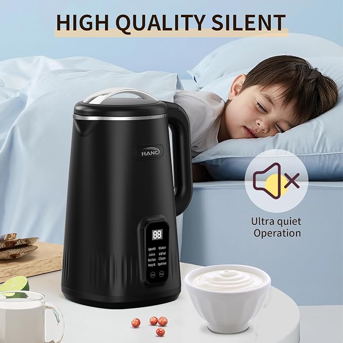 Nut Milk Maker Machine 28oz 8-in-1 Automatic Silent Soy Milk Maker for Homemade Almond Oat Coconut &amp Plant-Based Drinks with Delay Start/Keep Warm/Self-Cleaning/Boil Water (Black)