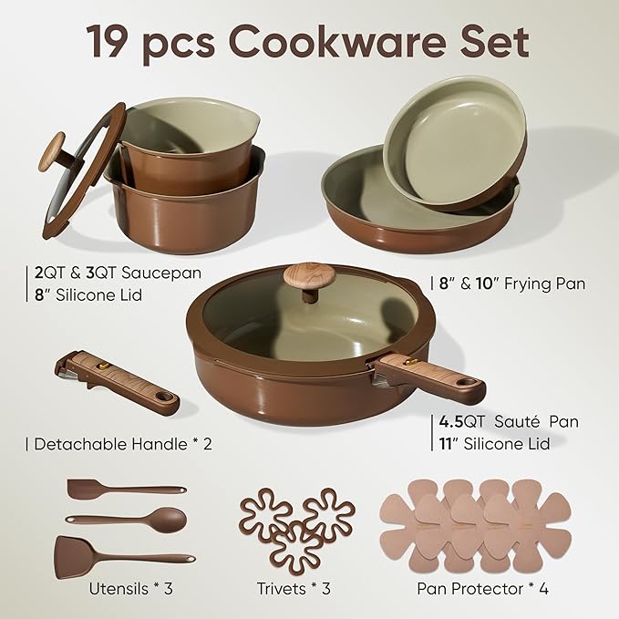 CAROTE 19PCS Ceramic Nonstick Cookware Set Pots and Pans Set with Detachable Handle PFAS-Free Non-Toxic Induction &amp Oven Safe Stackable Space-Saving Pistachio Green