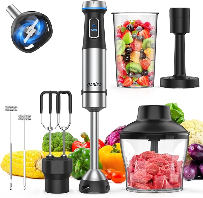 Ganiza Immersion Blender Handheld 6 in 1 Hand Blender Stainless Steel Blade 15 Speed Stick Blenders Electric 800ml Mixing Beaker 600ml Chopper Whisk Frother Potato Masher