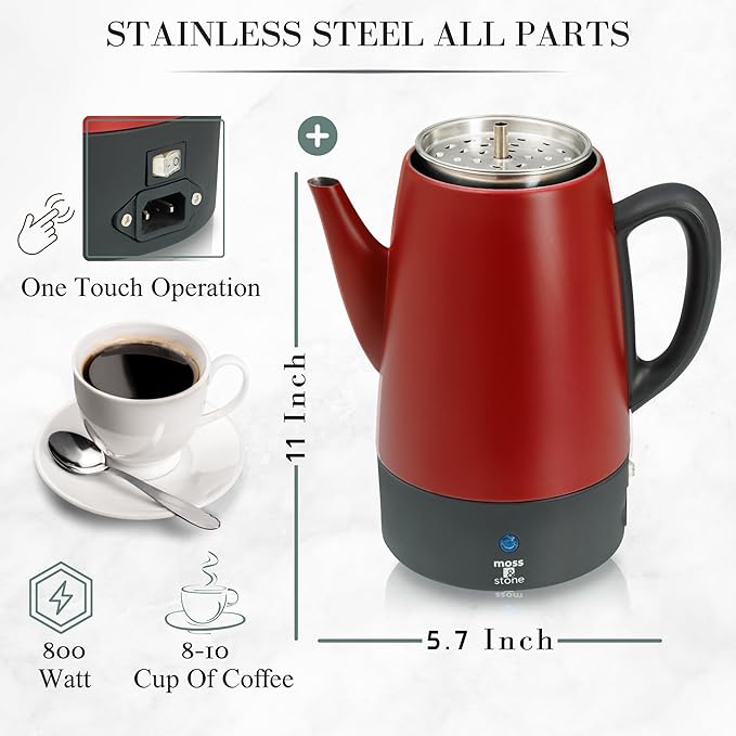 Moss &amp Stone Electric Coffee Percolator Red Body with Stainless Steel Lid Coffee Maker Percolator Electric Pot Red Camping Coffee Pot 10 Cups Bundle With Set of 4 Double Wall Glass Cup Clear Mu
