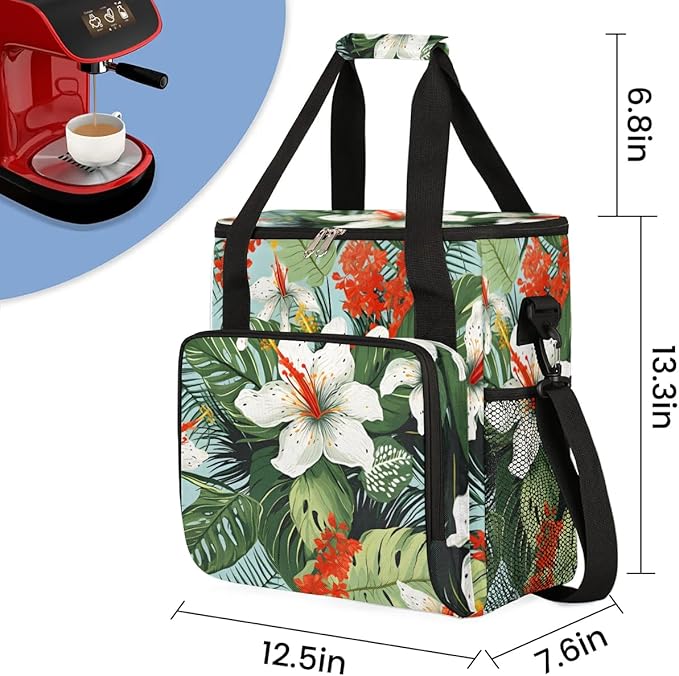 Coffee Maker Carrying Bag Palm Leaves Flower Single Cup Coffee Maker Travel Bag Compatible with Keurig K-Mini or K-Mini Plus Portable Storage Bag with Shoulder StrapAZ-208