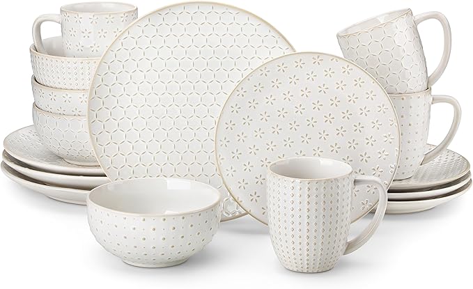 MALACASA 16 Pieces Dinnerware Sets Modern Relief Design Plates and Bowls Sets White Dish Set for 4 Kitchen Ceramic Dinner Plates Dishware Set Microwave and Dishwasher Safe Series LYDIA