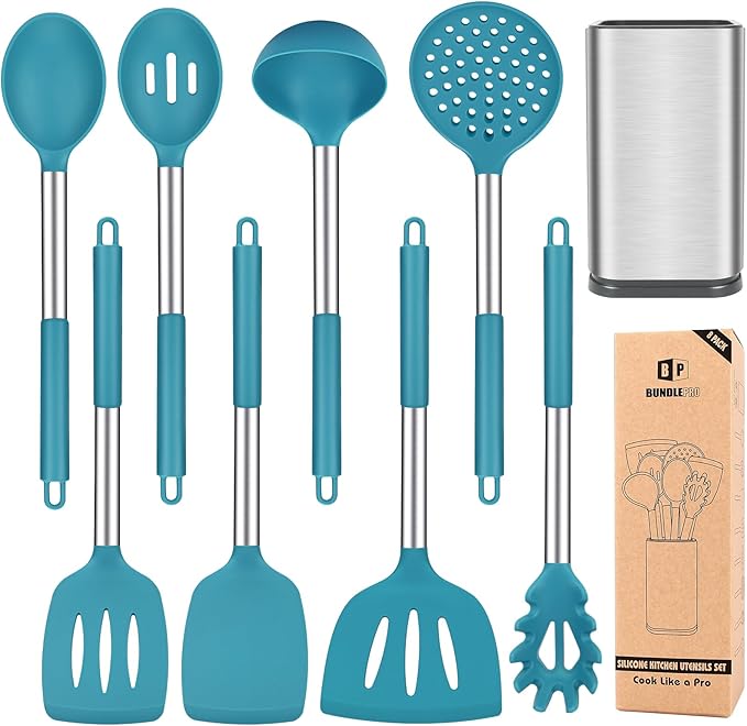 Silicone Cooking Utensil Set 8Pcs Non-stick Cookware with Stainless Steel Handle BPA Free Heat Resistant Kitchen Tools with Spatulas Turners Spoons Skimmer and Pasta Fork