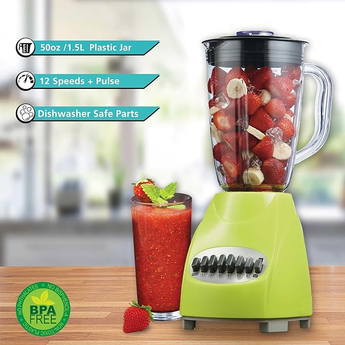 12-Speed Countertop Blender with Pulse Function – 50oz BPA-Free Jar Stainless Steel Blades Ice Crusher &amp Smoothie Maker 350W Kitchen Blender (Green)