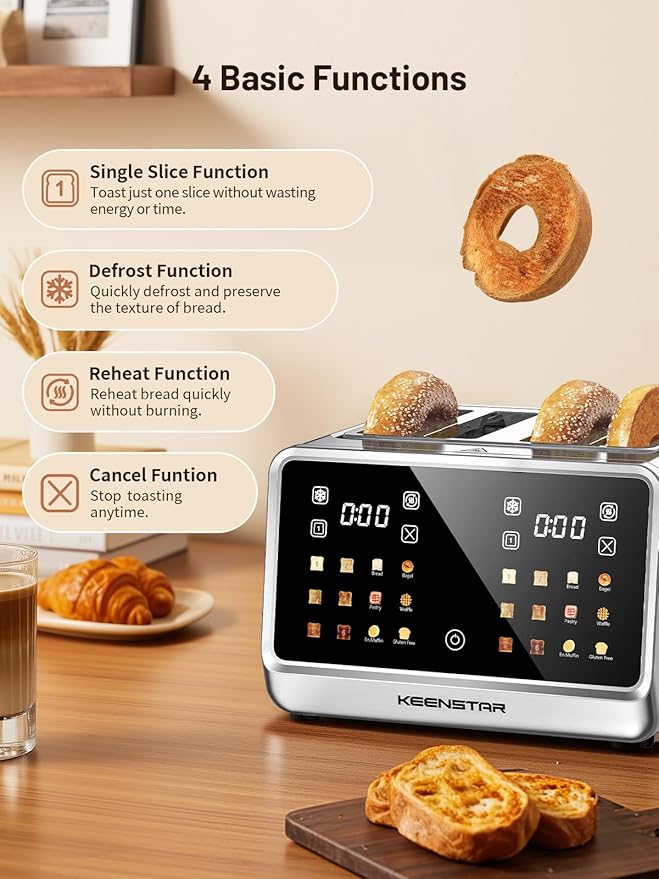 4 Slice Toaster with Touch Screen Stainless Steel Smart Bread Toaster 1.5 Wide Slots 6 Shade Settings &amp 6 Bread Types for Bagels Timer Single Slice Toasting Reheat Defrost 1800W
