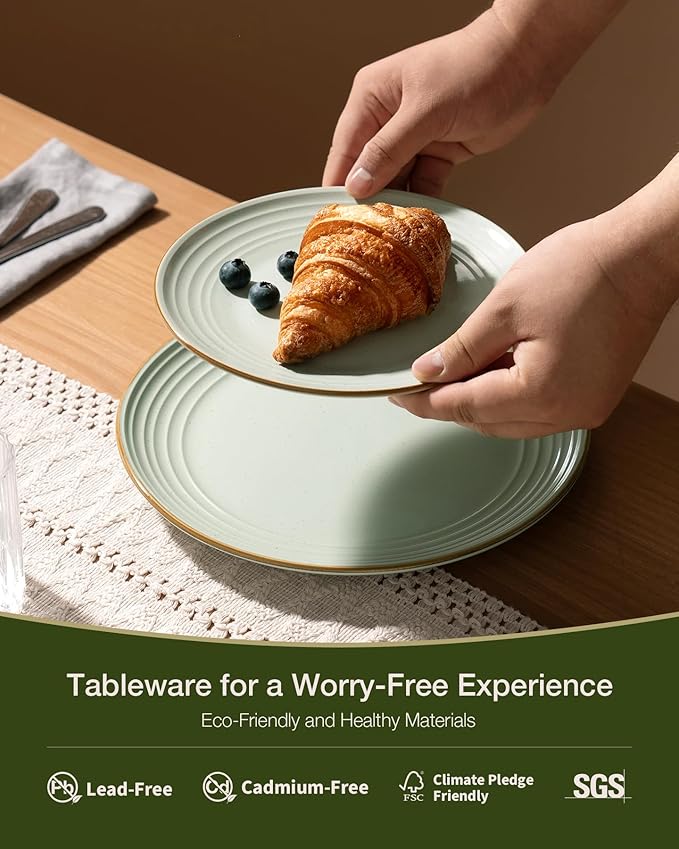 Famiware Jupiter Stoneware Dinnerware Sets for 4 (16-Piece) Handcrafted Dishes Set with Embossed Swirl &amp Speckles Green - Includes Scratch Resistant Pasta Bowl &amp Dinner Plate for Daily &amp
