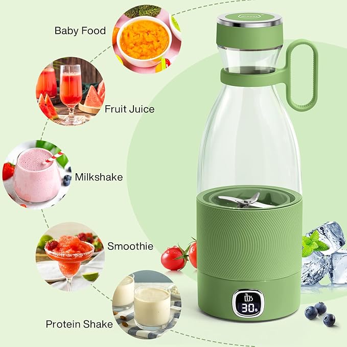 MIAOKE Portable Blender 6 Blades Juicer Cup for Juice Shakes and Smoothies 350ml Mini Blender with Led Display Usb Rechargeable3000Mah Rechargeable Battery for Home Outdoors Travel-Avocado Green