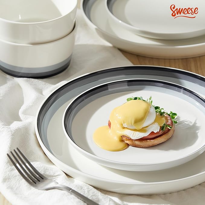 Sweese 12 Piece Dinnerware Sets for 4 - Porcelain Plates and Bowls Set - Scratch Resistant Dishwasher and Oven Safe Round Dinner Sets - Dish Sets -White and Blue Gradient