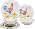 UPware 12 Piece Sunshine Rooster Melamine Dinnerware Sets Outdoor Dishes Set Plates and Bowls Sets Service for 4 Multicolor