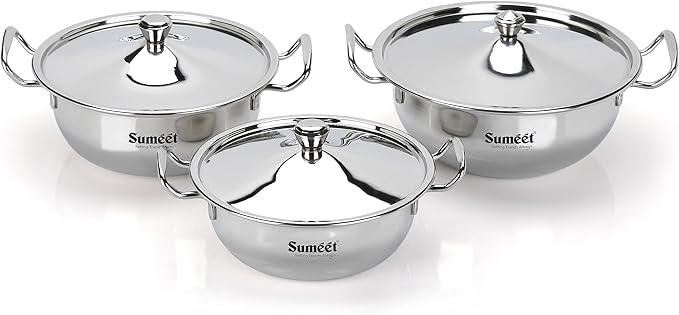 Sumeet Big Size Stainless Steel Cook and Serve Induction Handi Set with Lid and Handle Set of 3Pc 1200ML1650ML &amp 2050ML Silver