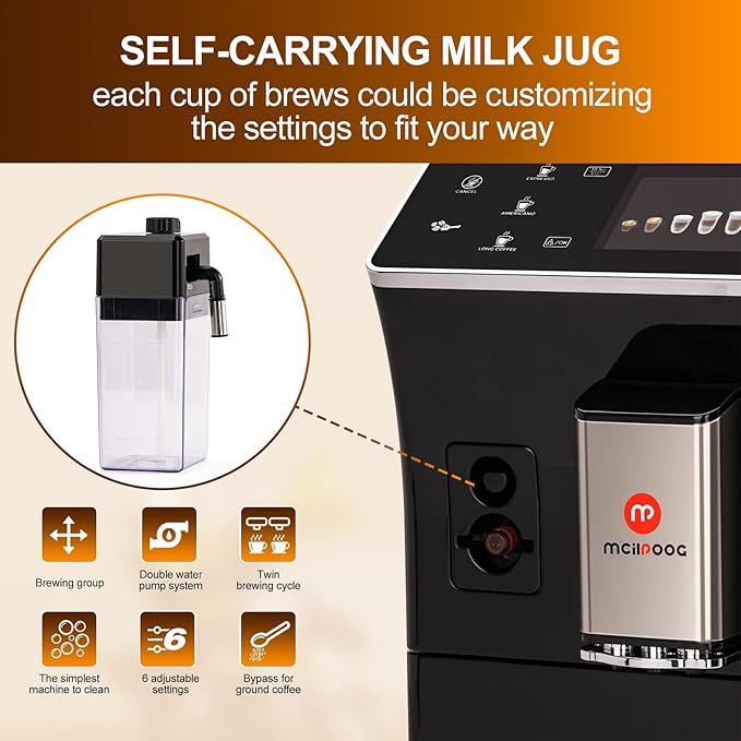 Mcilpoog Super Automatic Espresso Coffee MachineFully Automatic Espresso Machine With Grinder Easy To Use Touch Screen Coffee Maker with Milk Frother.(WS-202)
