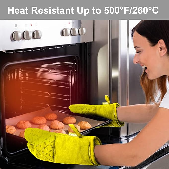 KEGOUU Oven Mitts and Pot Holders 6pcs Set Kitchen Oven Glove High Heat Resistant 500 Degree Extra Long Oven Mitts and Potholder with Non-Slip Silicone Surface for Cooking (Yellow)
