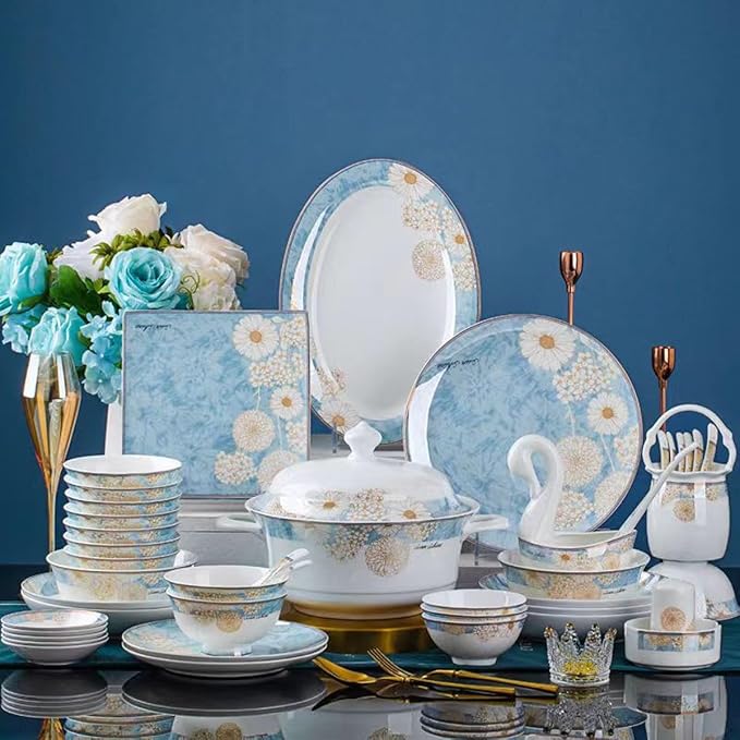Blue Floral Bone China Dinnerware Set 60 Pieces Perfect For Wedding Or Housewarming Plate Set