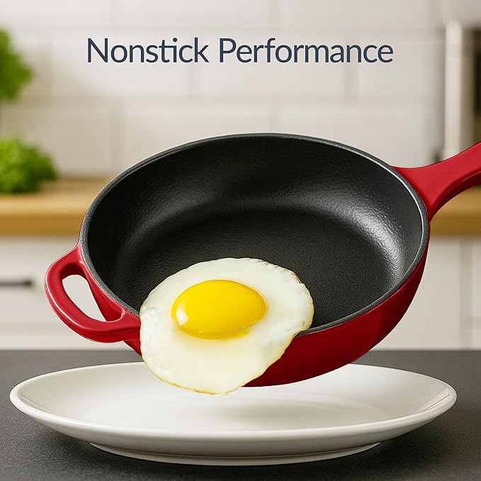 Best Choice Products Non-Stick Pot &amp Pan Cookware Set Cast Iron 2Qt Skillet W/Lid 10 Grill Or Griddle Pan W/Press 6Qt Enameled Dutch Oven Non-toxic For Cooking &amp Grilling - Red