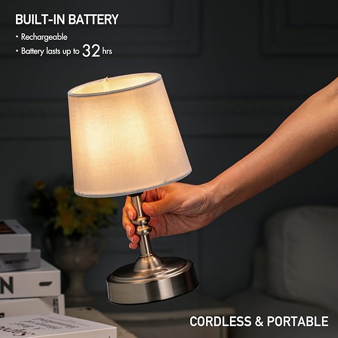O’Bright Seraph mini – Cordless LED Table Lamp with Dimmer Built-in Rechargeable Battery 3-Level Brightness Patio Table Lamp Bedside Night Lamp Ambient Light for Restaurant Brushed Nickel