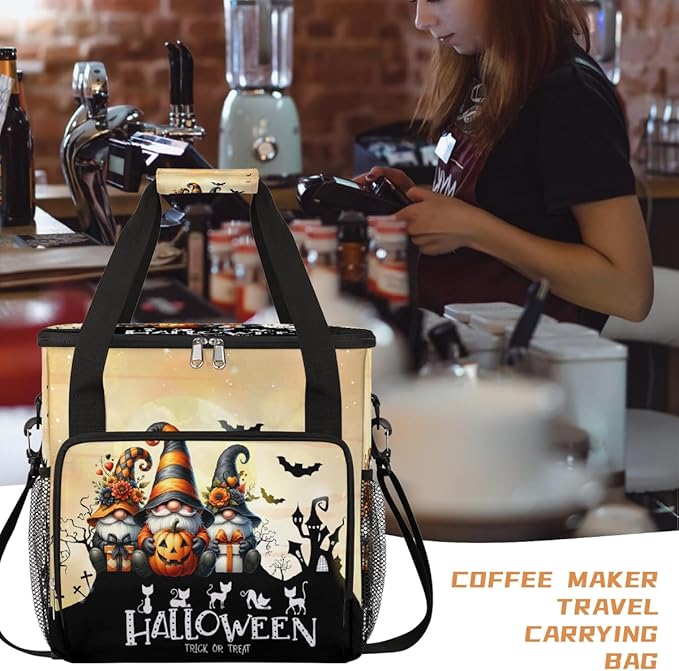 Halloween Goblin Pumpkin Gifts Coffee Maker Carring Bag Travel Carrying Storage Tote Bag Compatible with Keurig K-Mini or K-Mini Plus Portable Single Serve Coffee Brewer Case with Pockets