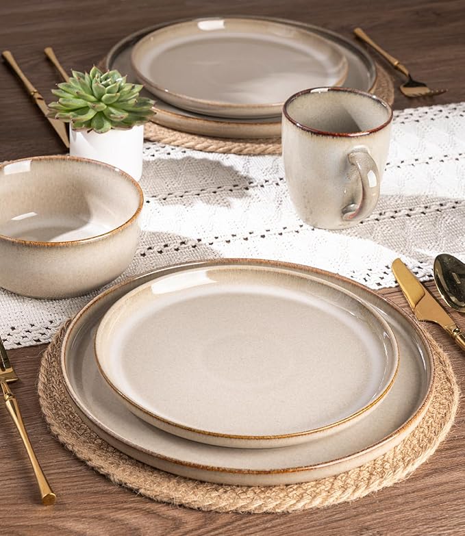 GBHOME Dinnerware Sets for 4 12 Pieces Stoneware Plates and Bowls Sets Scratch Resistant Ceramic Dishes Dishwasher &amp Microwave Safe Reactive Glaze-Almond Cream