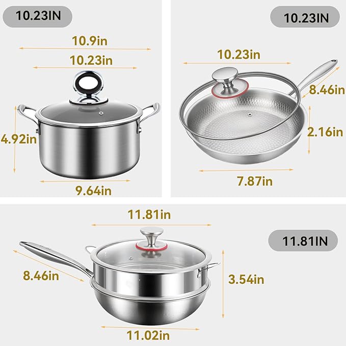 Titanium Hammered Pro Cookware 3 Piece Set Pan &amp Soup Pot And Wok with Steamer Nonstick No-Coat Technology Ultra-Durable Even Heating Frying Pans Compatible with All Cooktops3 piece set
