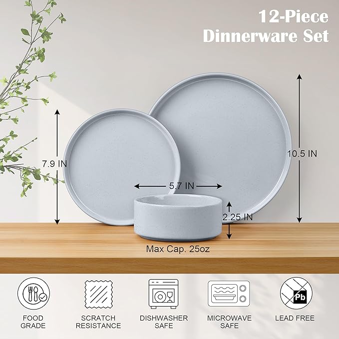 E-far Stoneware Dinnerware Sets with Pasta Bowls Set of 4 Bundle 12PCS Plates and Bowls Dish 35oz Ceramic Large Salad Bowl Plates for Serving Soup Dinner Microwave &amp Dishwasher Safe Speckled G