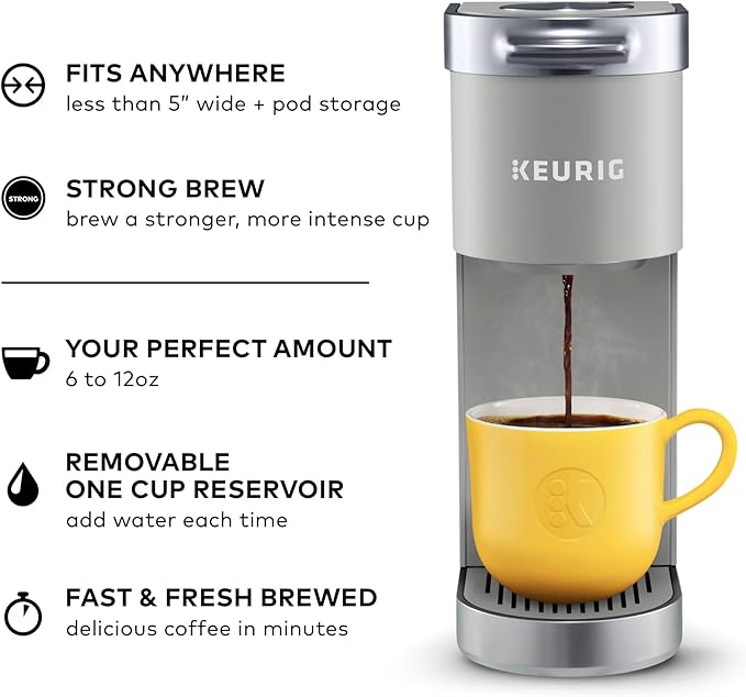Keurig K-Mini Plus Single Serve K-Cup Pod Coffee Maker with 6 to 12oz Brew Size Stores up to 9 K-Cup Pods Travel Mug Friendly Studio Gray