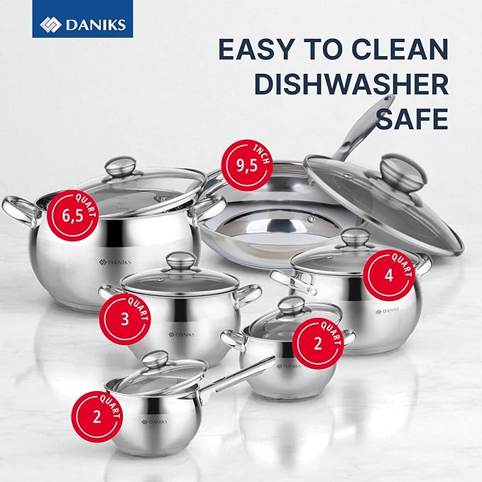 Daniks Classic 12-Piece Stainless Steel Cookware Set with Glass Lids Includes Saucepan and Frying Pan with Lid Tri-Ply Bases for Even Heating Induction Compatible Dishwasher Safe