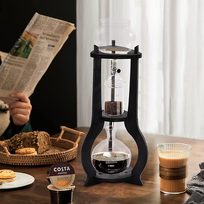 Cold Brew Coffee Maker 600ml Cold Brew Iced Coffee Drip Tower Wooden Coffee Maker for 6-8 Cups Coffee Offices Home Coffee Maker Brewer Machine (Grey)