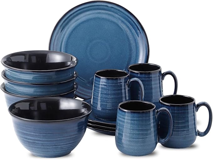 Hasense 12-Piece Porcelain Kitchen Dinnerware Set with Plates Bowls and Mugs Service for 4 Handmade Reactive Glaze Dishes Set Chip Resistant and Scratch Resistant Dishwasher Microwave Safe Blue
