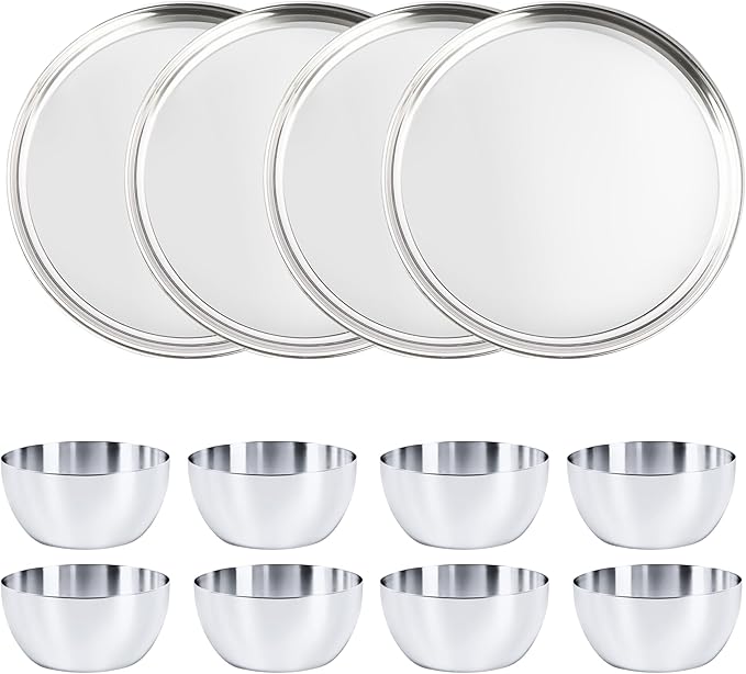 Stainless Steel Plates and Bowls Set 12 Pieces Steel Dinnerware set for 4 Metal Reusable Camping Dishes Kitchen Dinner Trays &amp 10 Oz Snack Bowls Dishwasher Safe (Heavy 6.5 Lbs)