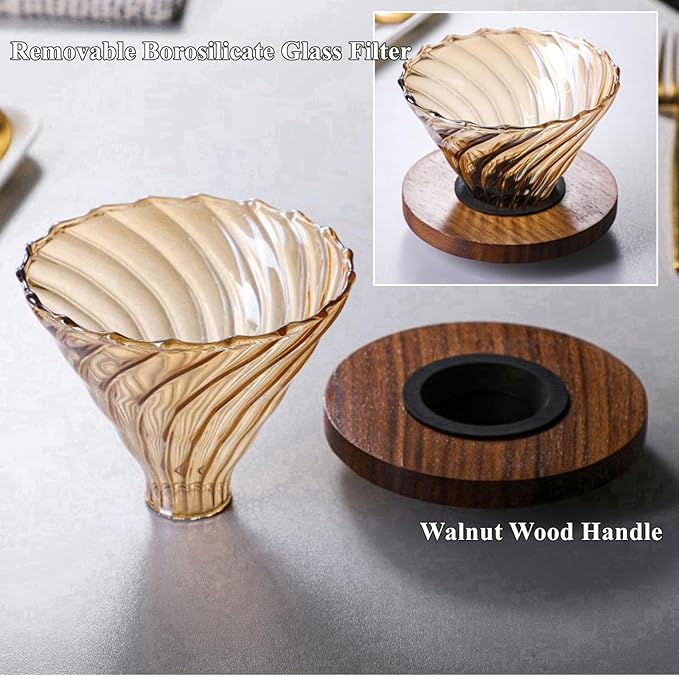 Pour Over Coffee Maker Set 20 oz 600 ml Borosilicate Glass Coffee Server with Glass Lid 50 pcs Paper Filter Walnut Handle Pour Over Coffee Dripper for Home Café Restaurant Gold