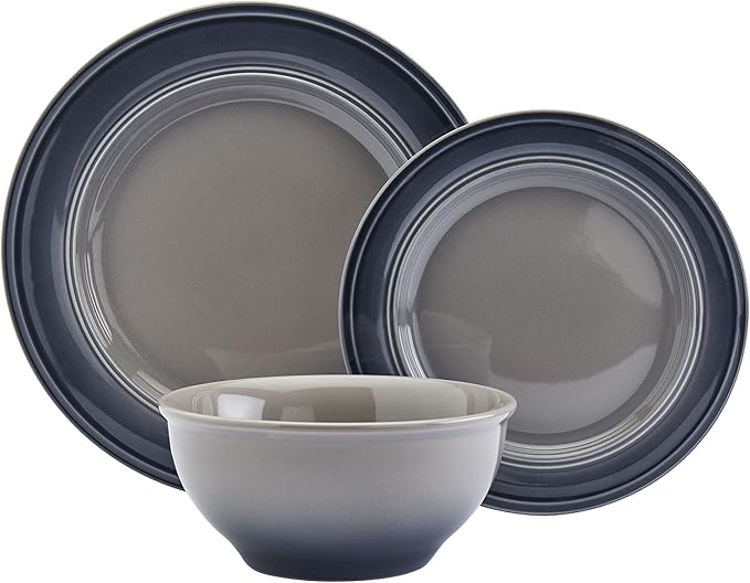 Mason Craft &amp More Festival Dinnerware Collection- Round Durable Stoneware Bold Colorful Ombre Glaze Plates Bowls 12 Piece Festival Dinnerware Set in Shadow Grey