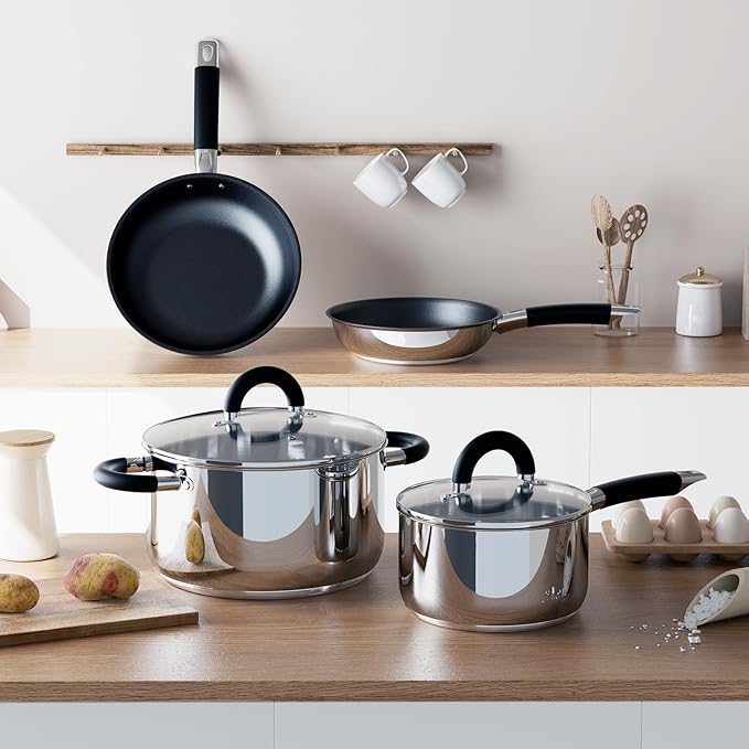 Pots and Pans Set Non Stick Stainless Steel Cookware Set of 6 Frying Pans 5 Ply Base Dishwasher Safe