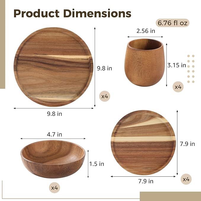 16 Pcs Acacia Wood Dinnerware Set Includes 4 pcs 9.8-in Round Plates 4 pcs 7.9-in Round Plates 4 Solid Wood Bowls and 4 Tea Cups Easy to Clean &amp Lightweight Perfect for Meals Snacks &amp D