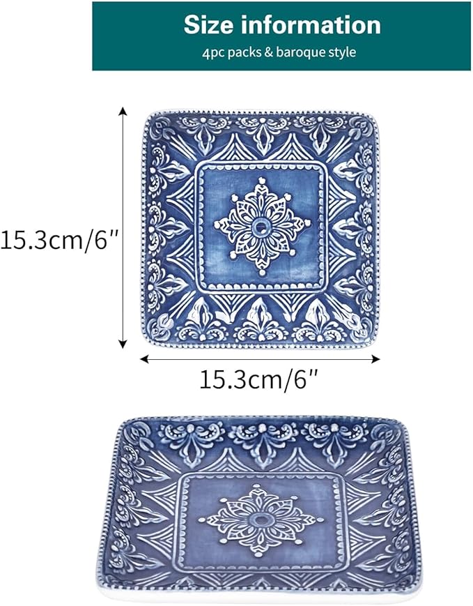 Sungmor Embossed Stoneware Fine Dining Dinnerware Antique Baroque Style Porcelain 6 Inch Square Appetizer Plates Set of 4 Sophisticated Ceramic Small Dinner Plates Serving Dish for Dessert Salad